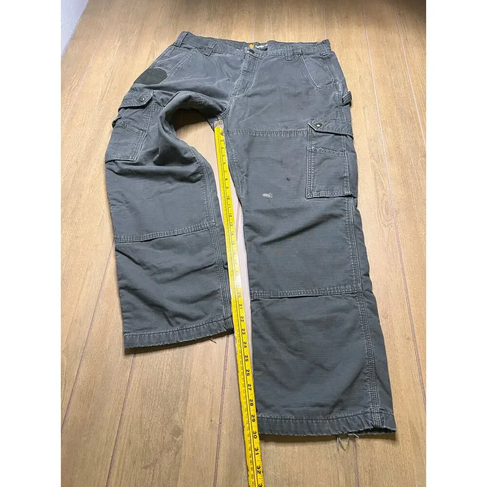 Vintage Carhartt Green Ripstop‎ Cargo Double Knee flannel-lined Actual Sz 38x30